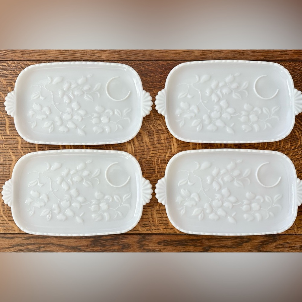 Vintage Hazel-Atlas Dogwood White Milk Glass Snack/Dessert Trays Bundle Of (4)